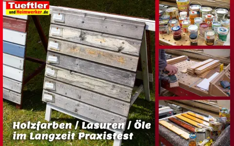 Holzfarben, Lasuren und Öle im Praxistest. Verschiedene Holzproben zeigen die Wirkung von Lasur oder Farbe.