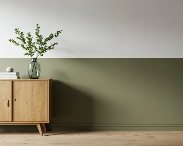 Ein Flur, halbhoch gestrichen in einem beruhigenden Grünton. Ein schlichtes Sideboard aus Holz mit Deko-Elementen.