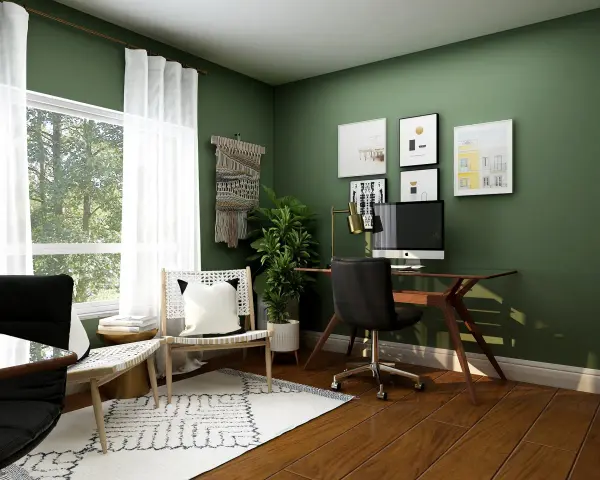 Grünes Arbeitszimmer mit Schreibtisch, bequemen Stühlen und Fenster. Tolle Inspirationen für dein Arbeitszimmer einrichten.
