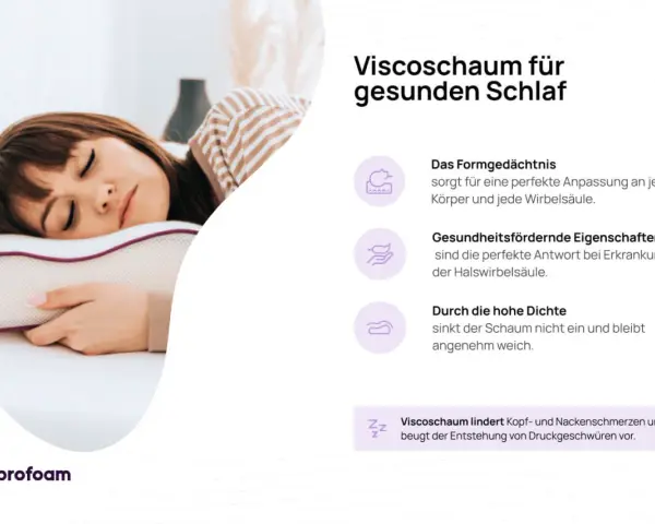 Frau schläft auf einem Kissen aus Viscoschaum, das sich perfekt anpasst und Nackenschmerzen lindert.
