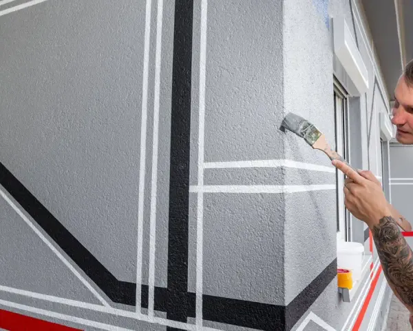 Mann streicht geometrische Muster auf eine graue Fassade. Die Temperatur nachts ist ideal für das Streichen.