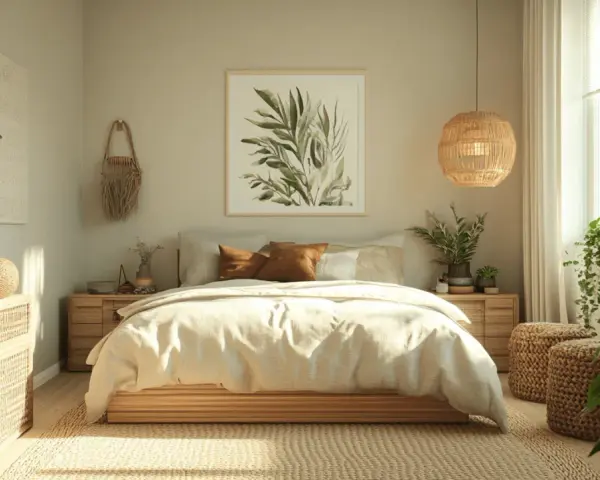 Gemütliches Schlafzimmer mit heller wandfarbe, Naturmaterialien und Pflanzen. Ein bequemes Bett lädt zum Entspannen ein.