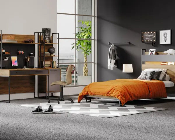 Coole jugendzimmer jungen einrichtungsideen: Ein modernes Zimmer mit Schreibtisch, Bett und Regal. Perfekt für junge Entdecker!
