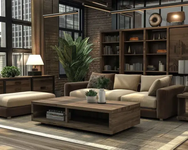 Gemütliches Wohnzimmer mit Möbeln aus dunklem Holz, einem Sofa, einem Couchtisch und einem Bücherregal.