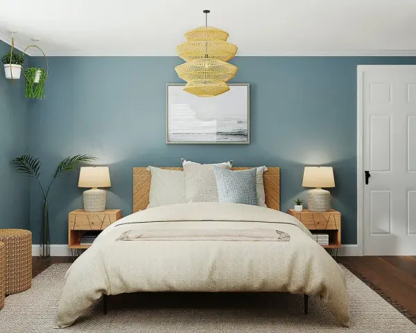 Gemütliches Schlafzimmer mit blauen Wänden, Holzbett und einem großen Fenster. Perfekt, um das Schlafzimmer zu renovieren und eine entspannende Oase zu schaffen.