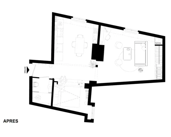 Grundriss einer 30 qm Wohnung mit offener Küche, Essbereich, Wohnzimmer, Bad und Eingang.
