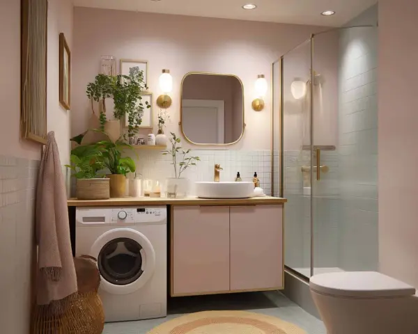 Schickes kleines Badezimmer mit Waschmaschine, Dusche und Waschbecken. Tolle Tipps zum kleines Badezimmer dekorieren mit Pflanzen und goldenen Akzenten.
