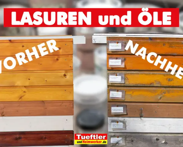 Holzlasur schützt und verschönert Holz. Vorher-Nachher-Vergleich zeigt verschiedene Holzlasur-Farben und deren Wirkung auf Holzoberflächen.