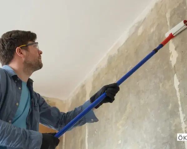 Mann mit Schutzbrille und Handschuhen trägt mit einer Teleskopstange eine Grundierung auf eine Wand auf.