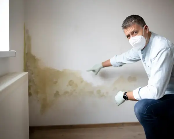 Mann mit Maske und Handschuhen zeigt auf schimmeligen Putz an einer Wand neben einem Heizkörper.