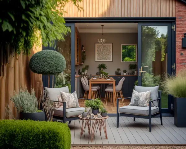 Moderne terrassen ideen: Gemütliche Sitzgelegenheiten auf einer Holzterrasse mit Blick auf einen Essbereich im Haus.