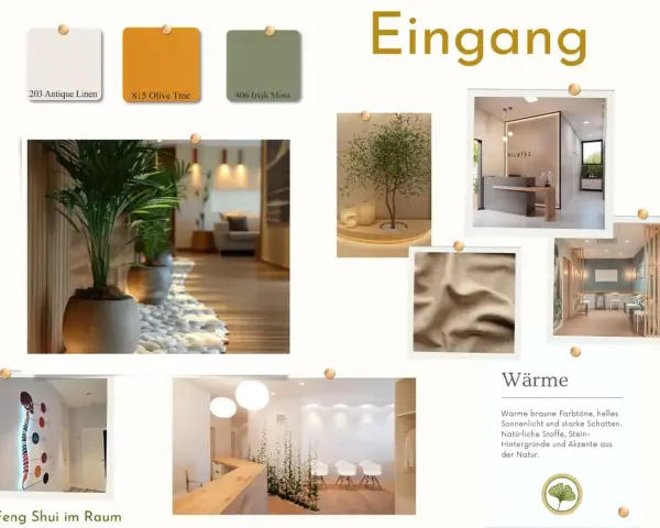 Inspiration für ein stilvolles **Haus einrichten**: Warme Erdtöne, Pflanzen und natürliche Materialien schaffen eine einladende Atmosphäre im Eingangsbereich und Empfangsräumen.