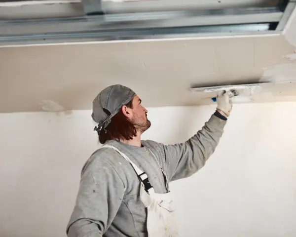 Handwerker verputzt Decke, inspiriert von modernen Deckenverkleidung Ideen für ein glattes Finish.