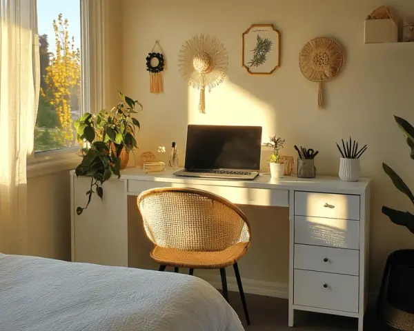 Ein gemütlicher Schreibtisch im Schlafzimmer, beleuchtet von warmem Sonnenlicht. Pflanzen und Boho-Deko schaffen eine entspannte Atmosphäre.