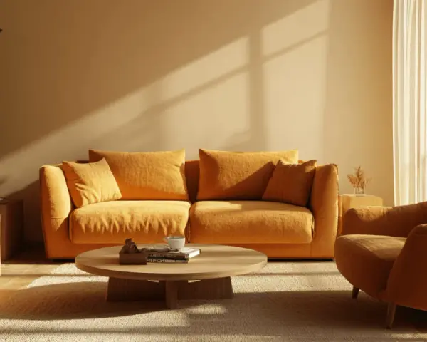 Gemütliches Wohnzimmer mit ockerfarbenen Möbeln. Sonnenlicht fällt durch das Fenster und wirft Schatten.