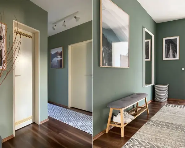 Grüne Wand im Flur mit moderner Kunst und Spiegel. Tolle Flur Wand Ideen für ein stilvolles Zuhause.