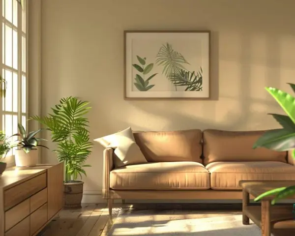 Sonnendurchflutetes Wohnzimmer mit beigem Sofa, Holzmöbeln und vielen grünen Pflanzen. Die Wirkung von Farben wie Beige und Grün schafft eine beruhigende Atmosphäre.