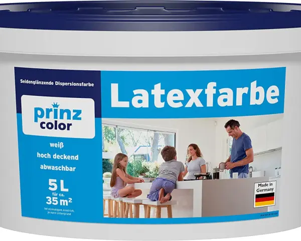 Prinz Color Latexfarbe: weiß, hoch deckend, abwaschbar. Ideal für Familien, da die Farbe leicht zu reinigen ist.