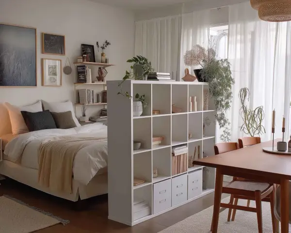 Gemütliche 1 Zimmer Wohnung einrichten 30qm: Bett, Regalwand, Esstisch und Pflanzen schaffen ein harmonisches Zuhause.