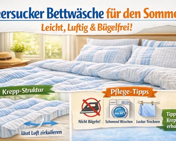 Leichtes Seersucker-Bettzeug mit Krepp-Struktur für den Sommer. Bügelfrei, luftig und angenehm. Pflege-Tipps: Schonend waschen, locker trocknen.