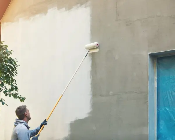 Mann streicht mit einer Teleskoprolle die Hausfassade weiß. Die rechte Seite ist noch grau, die linke bereits frisch gestrichen.
