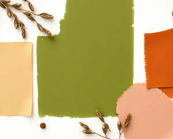 Ein großer olivgrüner Farbklecks, daneben ein hellgelbes Blatt, orangefarbener Stoff und Pfirsich. Was passt zu oliv? Getrocknete Gräser.