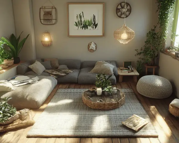 Gemütliches Wohnzimmer mit vielen Pflanzen und Möbeln aus nachhaltigen Materialien, wie Rattan und Leinen.
