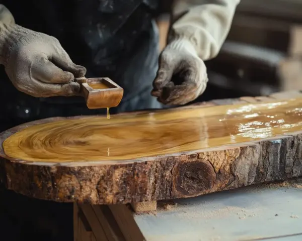 Hände mit Handschuhen tragen goldenes Öl auf einen rustikalen Baumscheiben-Tisch auf, um das Holz zu lasieren und seine natürliche Schönheit hervorzuheben.