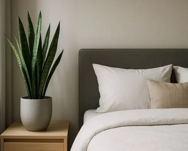Ein Bogenhanf auf einem Nachttisch neben einem Bett mit weißen Kissen und Bettwäsche. Ein ruhiger Bogenhanf-Schlafzimmer-Akzent.
