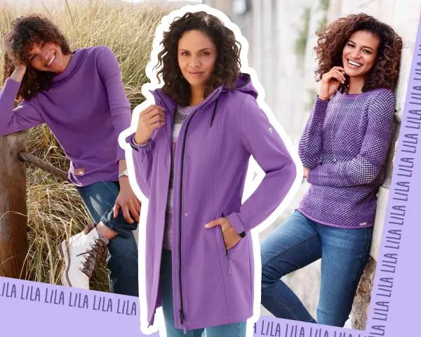 Drei Frauen in verschiedenen lila Outfits. Jeans und weiße Stiefel passen gut zu lila.