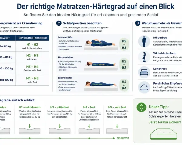 Infografik erklärt, wie Sie den richtigen Härtegrad Ihrer Matratze testen. Gewicht & Schlafposition sind wichtig.