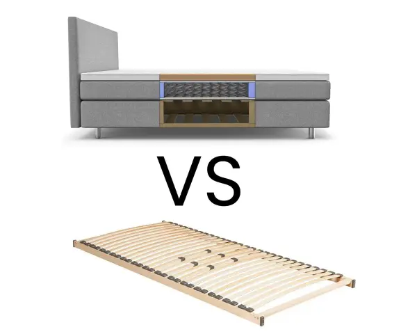 Vergleich: Ein durchgeschnittener Boxspringbett mit Federkern und ein Lattenrost aus Holz.