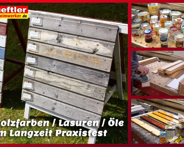 Holzfarben, Lasuren und Öle im Praxistest. Verschiedene Holzproben zeigen die Wirkung von Lasur oder Farbe.