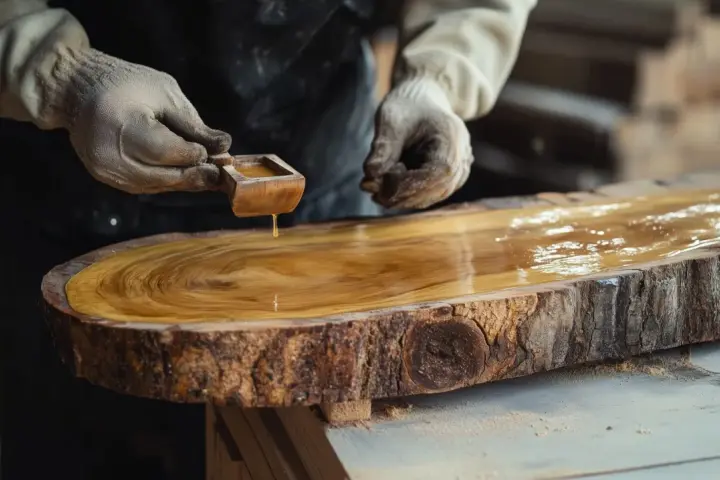 Hände mit Handschuhen tragen goldenes Öl auf einen rustikalen Baumscheiben-Tisch auf, um das Holz zu lasieren und seine natürliche Schönheit hervorzuheben.