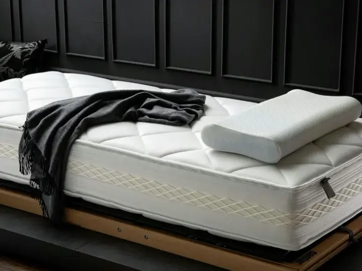 Eine neue, weiße Matratze mit Kissen und Decke liegt auf einem Holzrahmen. Zeit für einen Matratzenwechsel für erholsamen Schlaf.