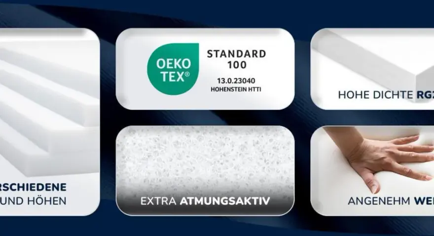 Hochdichte Matratze RG25/40, OEKO-TEX zertifiziert, atmungsaktiv und weich. Viele Größen und Höhen verfügbar.