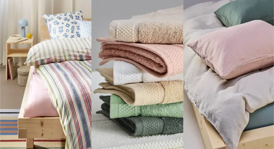Bettwäsche aus Perkal, weiche Handtücher in Pastelltönen und Leinen-Bettzeug.