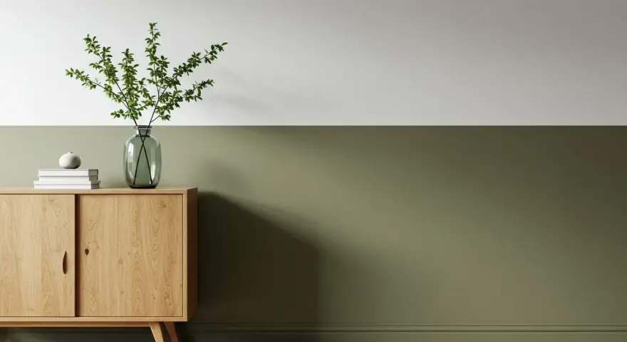 Ein Flur, halbhoch gestrichen in einem beruhigenden Grünton. Ein schlichtes Sideboard aus Holz mit Deko-Elementen.
