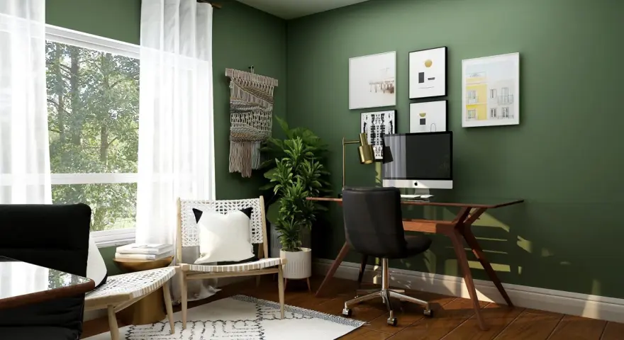 Grünes Arbeitszimmer mit Schreibtisch, bequemen Stühlen und Fenster. Tolle Inspirationen für dein Arbeitszimmer einrichten.