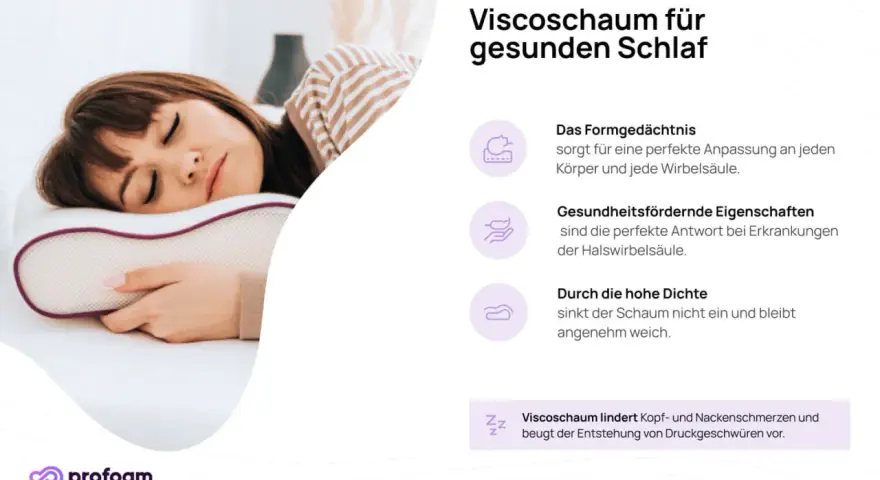 Frau schläft auf einem Kissen aus Viscoschaum, das sich perfekt anpasst und Nackenschmerzen lindert.