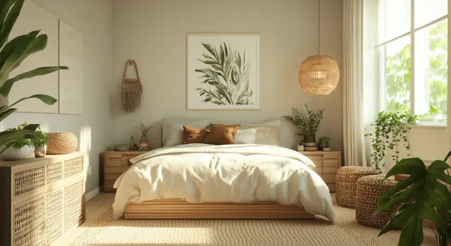 Gemütliches Schlafzimmer mit heller wandfarbe, Naturmaterialien und Pflanzen. Ein bequemes Bett lädt zum Entspannen ein.