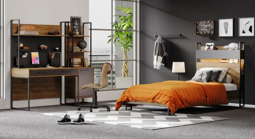Coole jugendzimmer jungen einrichtungsideen: Ein modernes Zimmer mit Schreibtisch, Bett und Regal. Perfekt für junge Entdecker!