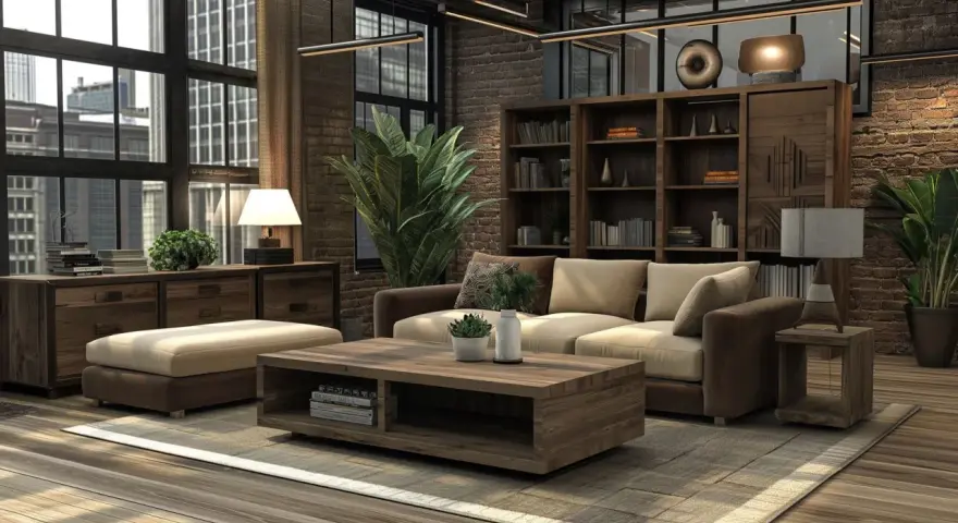 Gemütliches Wohnzimmer mit Möbeln aus dunklem Holz, einem Sofa, einem Couchtisch und einem Bücherregal.