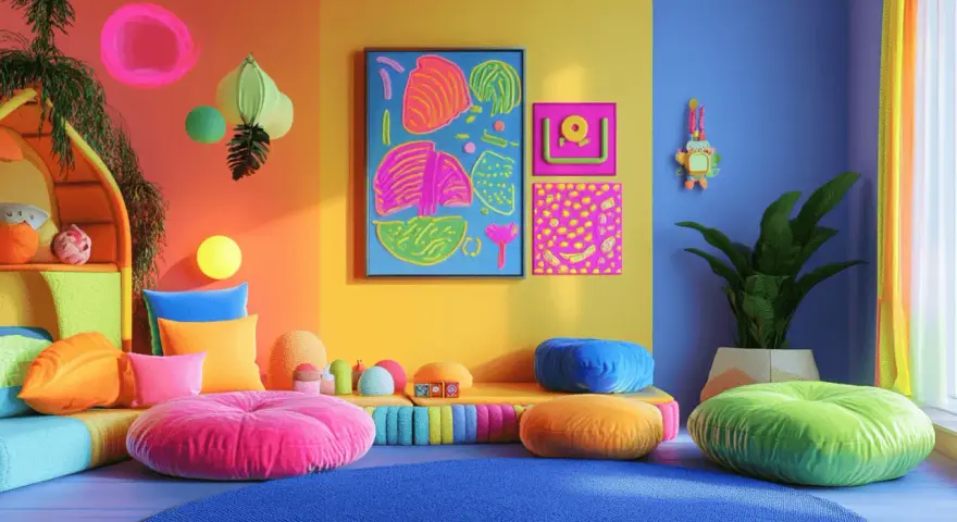 Ein lebendiges Kinderzimmer, in dem sich die **Farben mischen**: orange, pink, gelb, blau und grün dominieren. Bunte Kissen und Spielzeug laden zum Spielen ein.