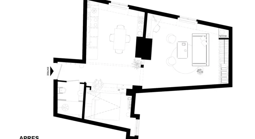 Grundriss einer 30 qm Wohnung mit offener Küche, Essbereich, Wohnzimmer, Bad und Eingang.