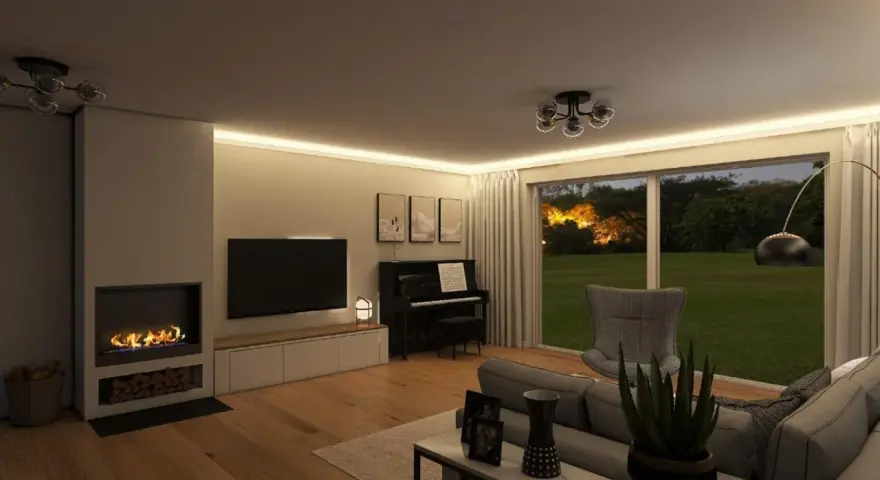 Gemütliches Wohnzimmer mit Kamin, Klavier und Sofa. Die Wände sind in der Farbe beige gestrichen, was für eine warme Atmosphäre sorgt.