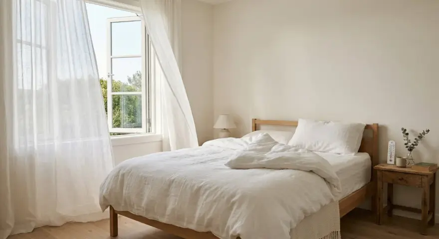 Ein helles Schlafzimmer mit offenem Fenster und weißen Vorhängen. Auf dem Nachttisch steht ein Thermometer, das die angenehme schlafzimmer temperatur anzeigt.