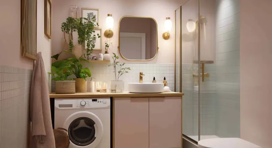 Schickes kleines Badezimmer mit Waschmaschine, Dusche und Waschbecken. Tolle Tipps zum kleines Badezimmer dekorieren mit Pflanzen und goldenen Akzenten.