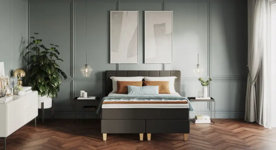 Elegante wandverkleidung innen ideen: ein Schlafzimmer mit Paneelen, einem Bett, Pflanzen und Kunst.