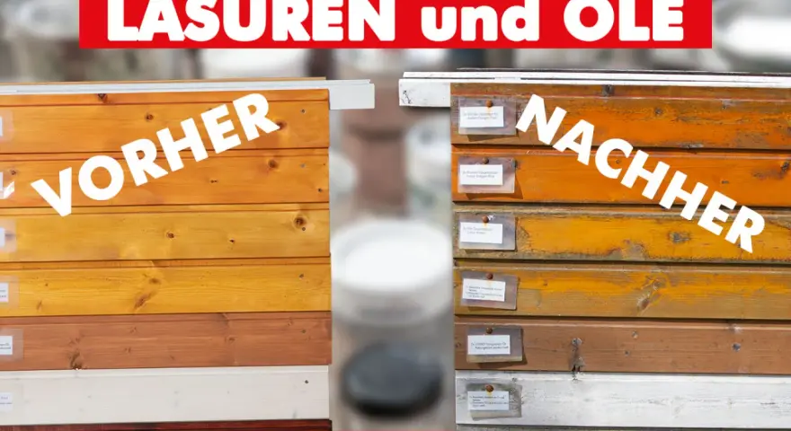 Holzlasur schützt und verschönert Holz. Vorher-Nachher-Vergleich zeigt verschiedene Holzlasur-Farben und deren Wirkung auf Holzoberflächen.